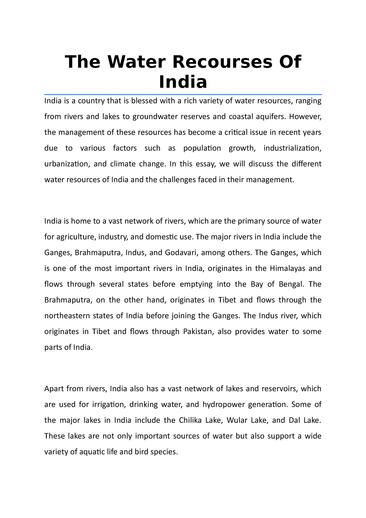 essay on drinking water in india