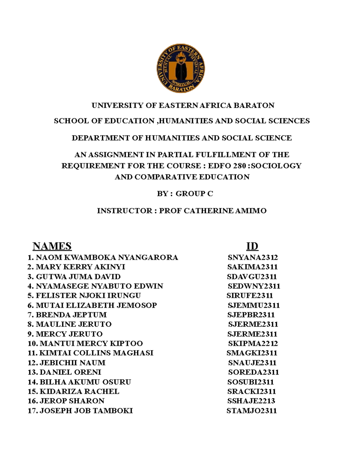 Group - good - UNIVERSITY OF EASTERN AFRICA BARATON SCHOOL OF EDUCATION ...