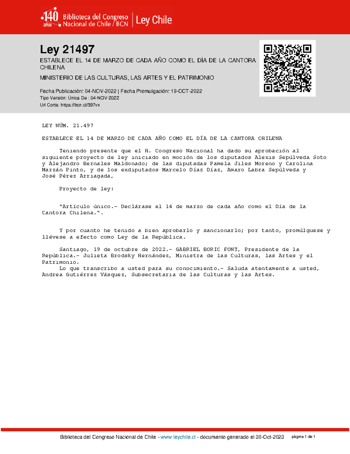 Ley-21497 04-NOV-2022 - Ley 21497 Biblioteca del Congreso Nacional de ...