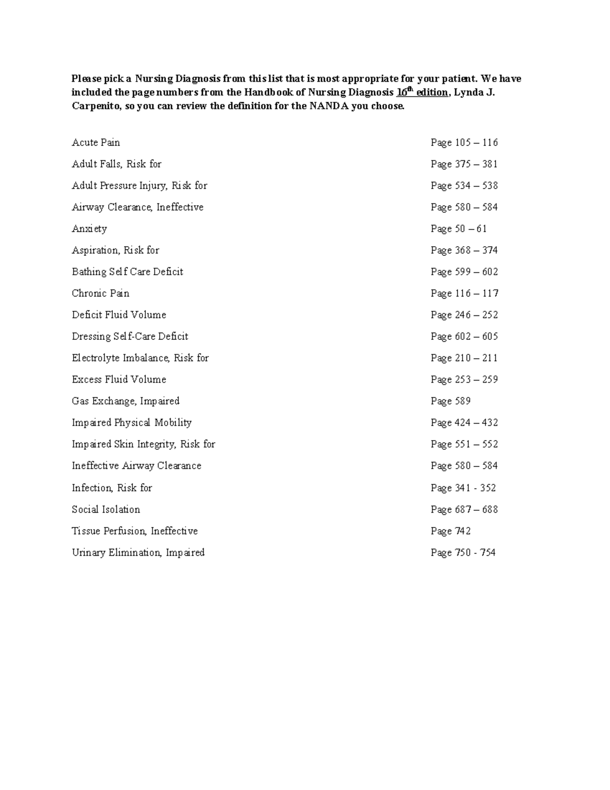 Nanda List.16th edition - Please pick a Nursing Diagnosis from this ...