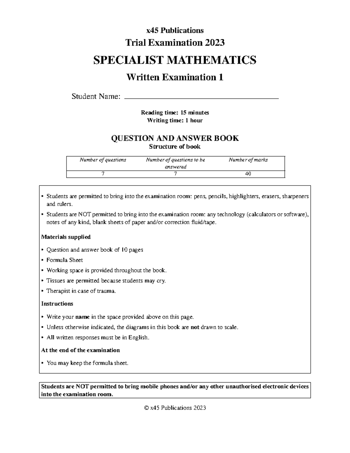 X45PUB SPEC Maths E1 2023-4 - x45 Publications Trial Examination 2023 ...