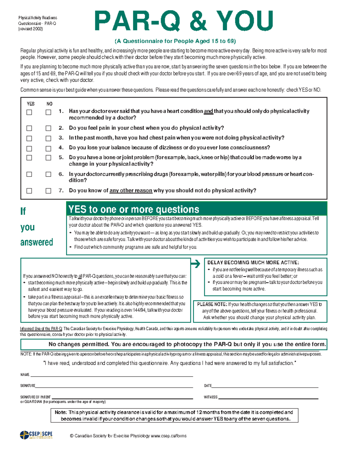 PAR-Q-pdf - for P. E sessions - If you answered NO honestly to all PAR ...