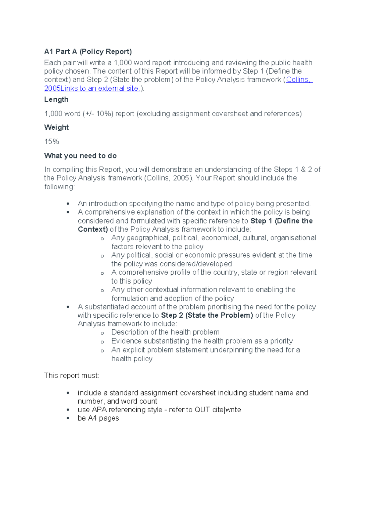 Assignment 1 breakdown - A1 Part A (Policy Report) Each pair will write ...