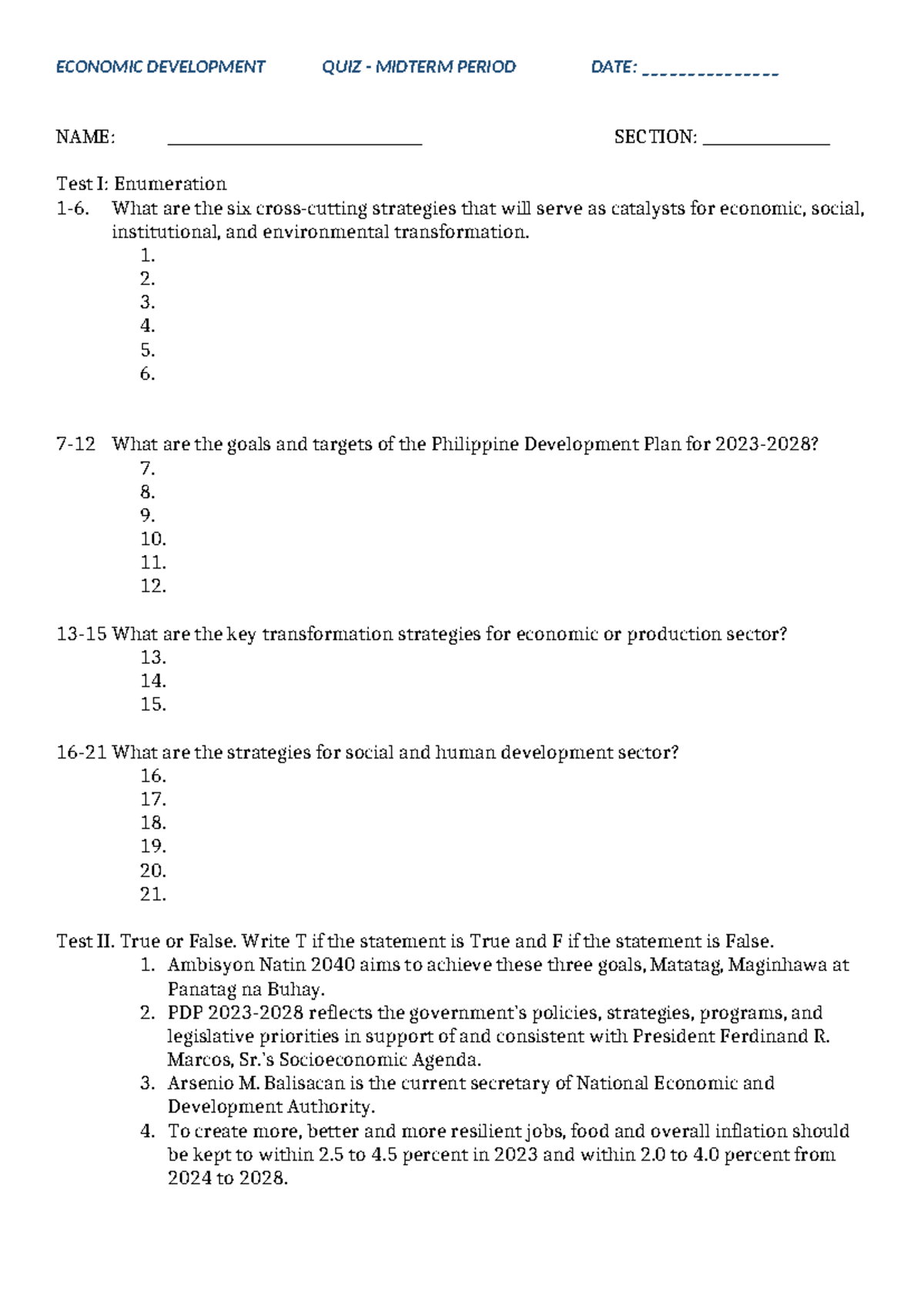 Quiz - Econ Dev - ECONOMIC DEVELOPMENT QUIZ - MIDTERM PERIOD DATE ...