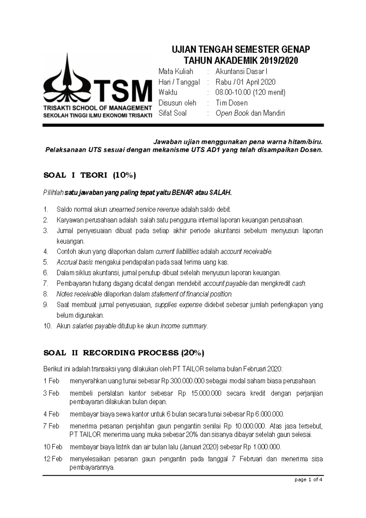 Akt Dasar 1 Soal UTS Genap 19-20 - UJIAN TENGAH SEMESTER GENAP TAHUN ...