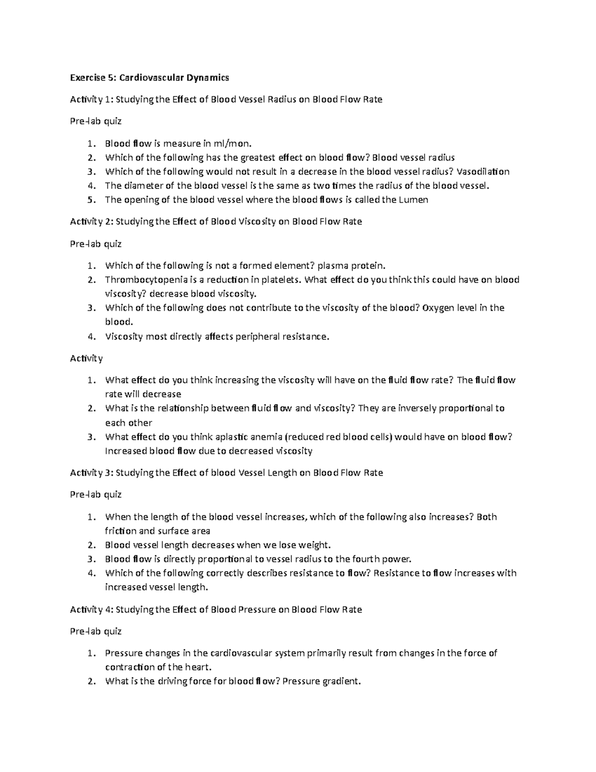 Cardiovascular lab part 2 - Exercise 5: Cardiovascular Dynamics ...