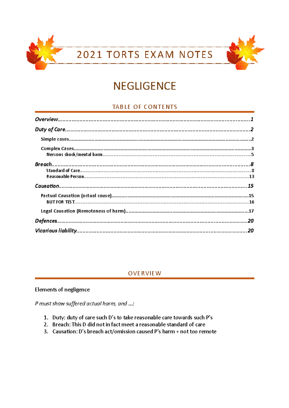 2021 Torts Notes for Exam - Notes - cases - LAWS1203 - ANU - Studocu
