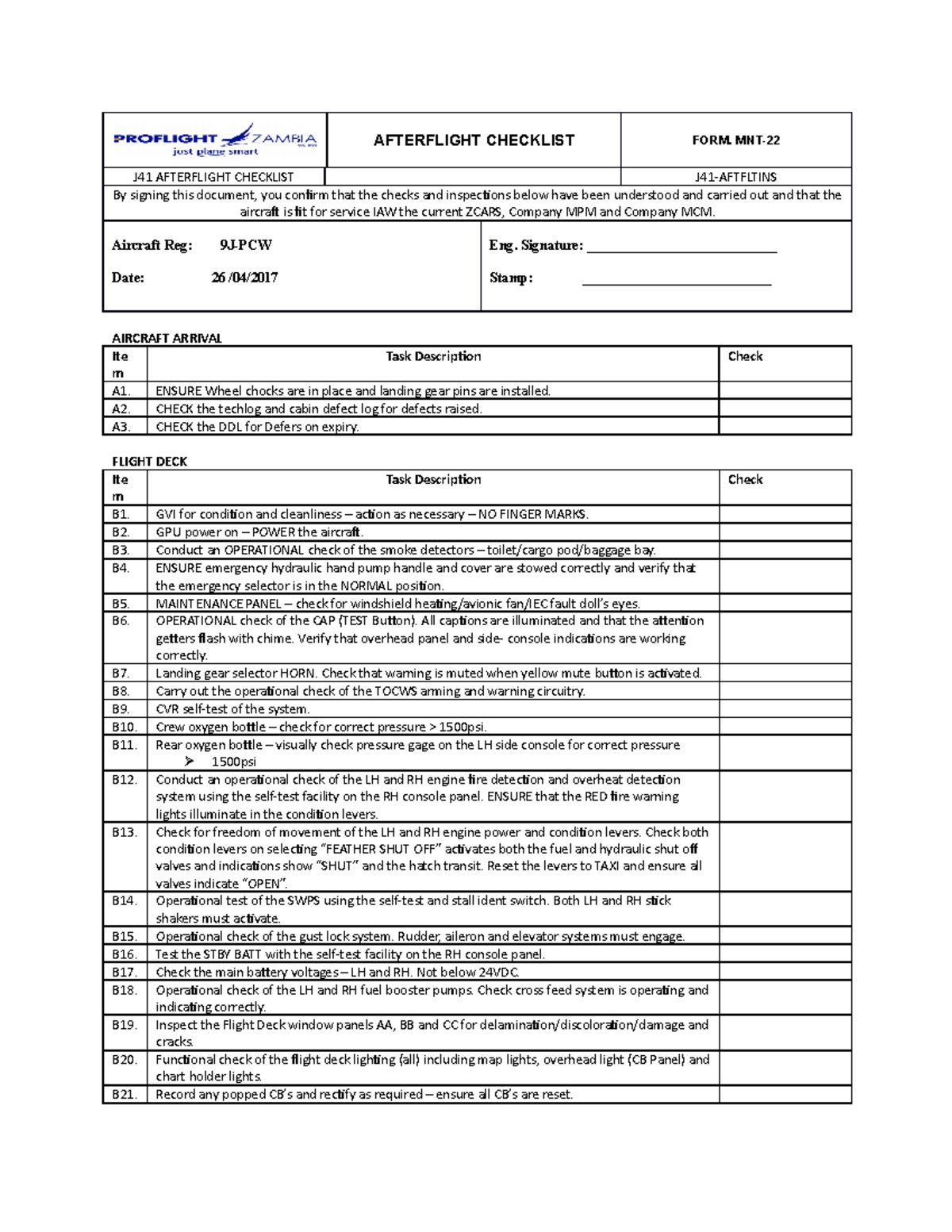 J41 Afterflight Checklist - AFTERFLIGHT CHECKLIST FORM. MNT- J41 ...