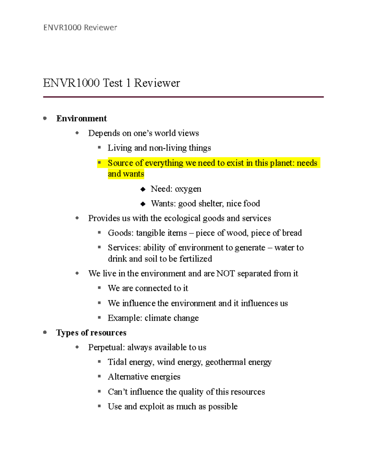 Test 1 Reviewer - Summary ENVR - ENVR1000 Reviewer ENVR1000 Test 1 ...