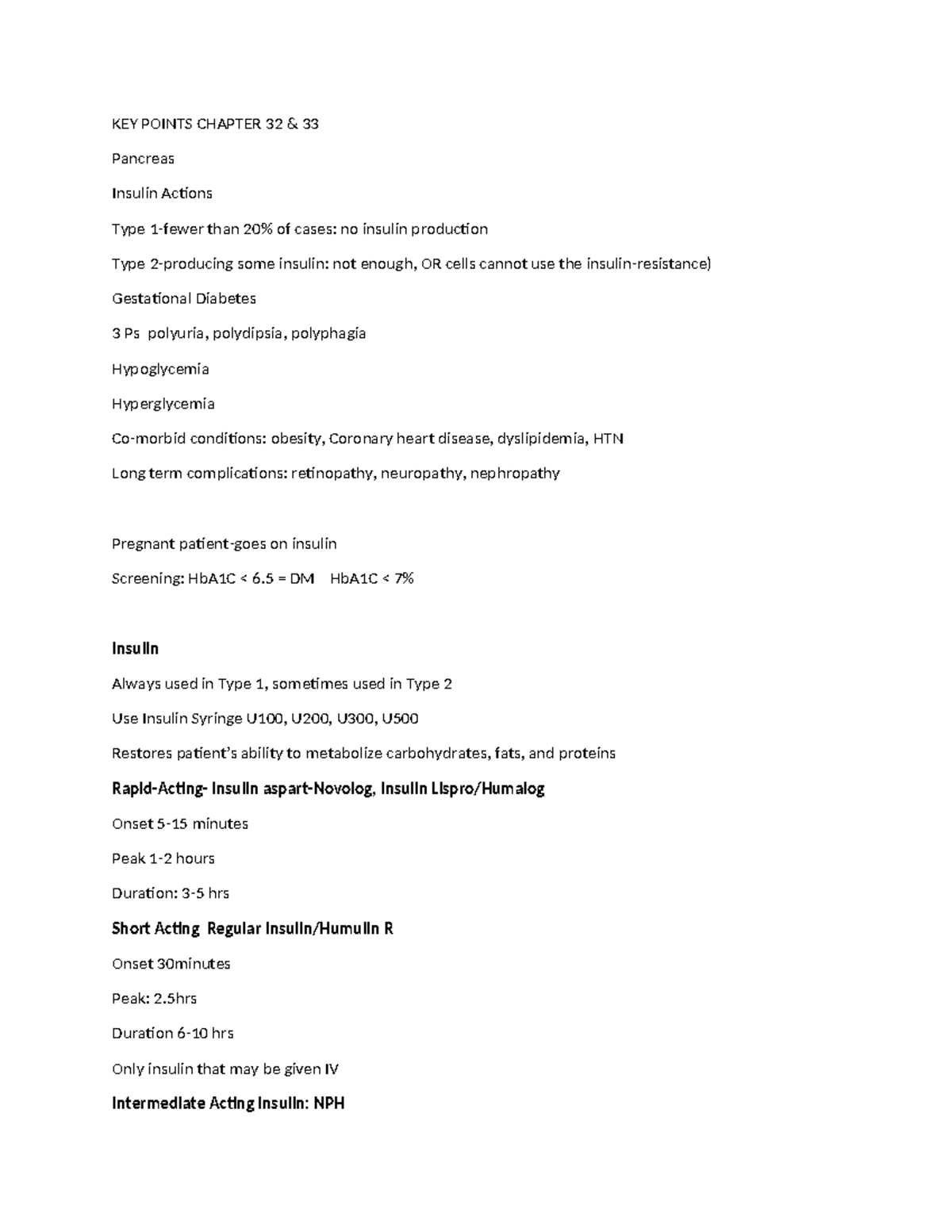 KEY Points Chapter 32 - KEY POINTS CHAPTER 32 & 33 Pancreas Insulin ...