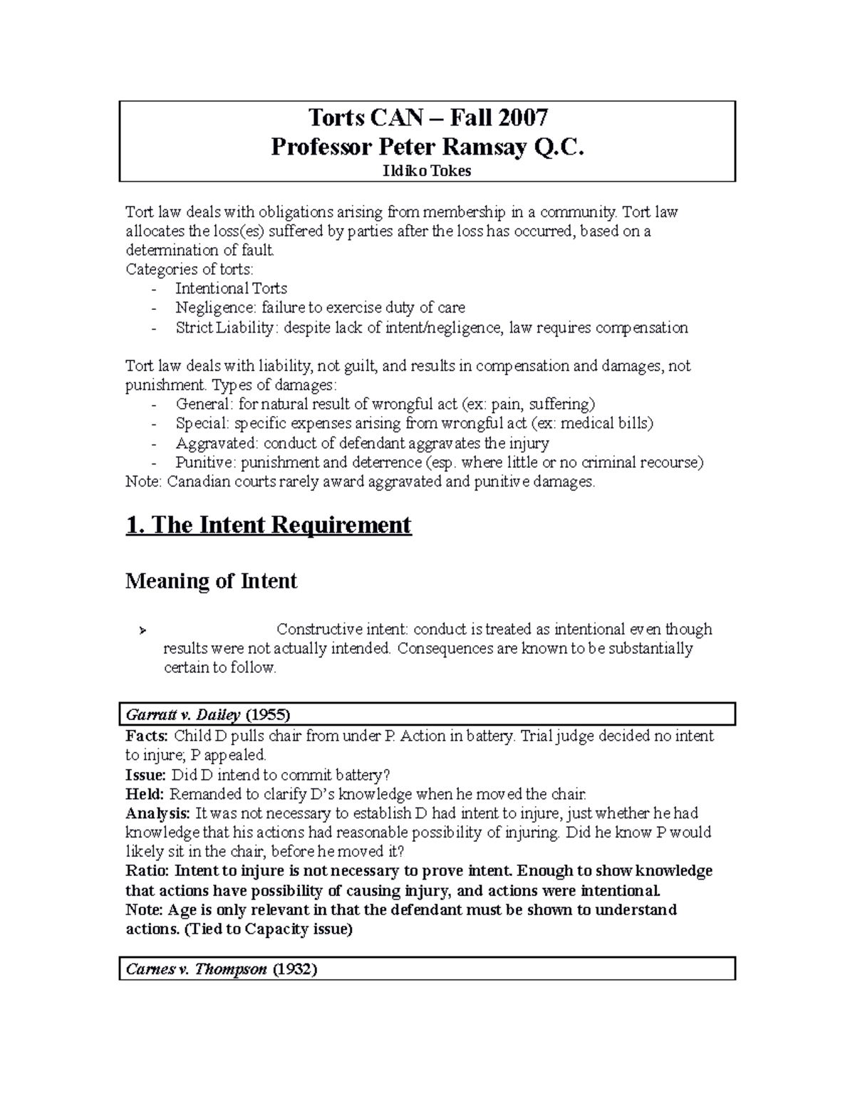 Ramsay Law 140 - Torts Fall 2007 Tokes - Torts CAN – Fall 2007 ...
