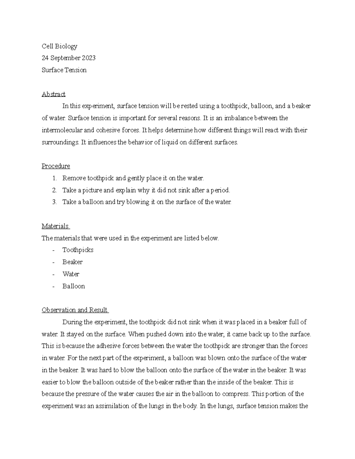 Surface tension lab Cell Biology 24 September 2023 Surface Tension