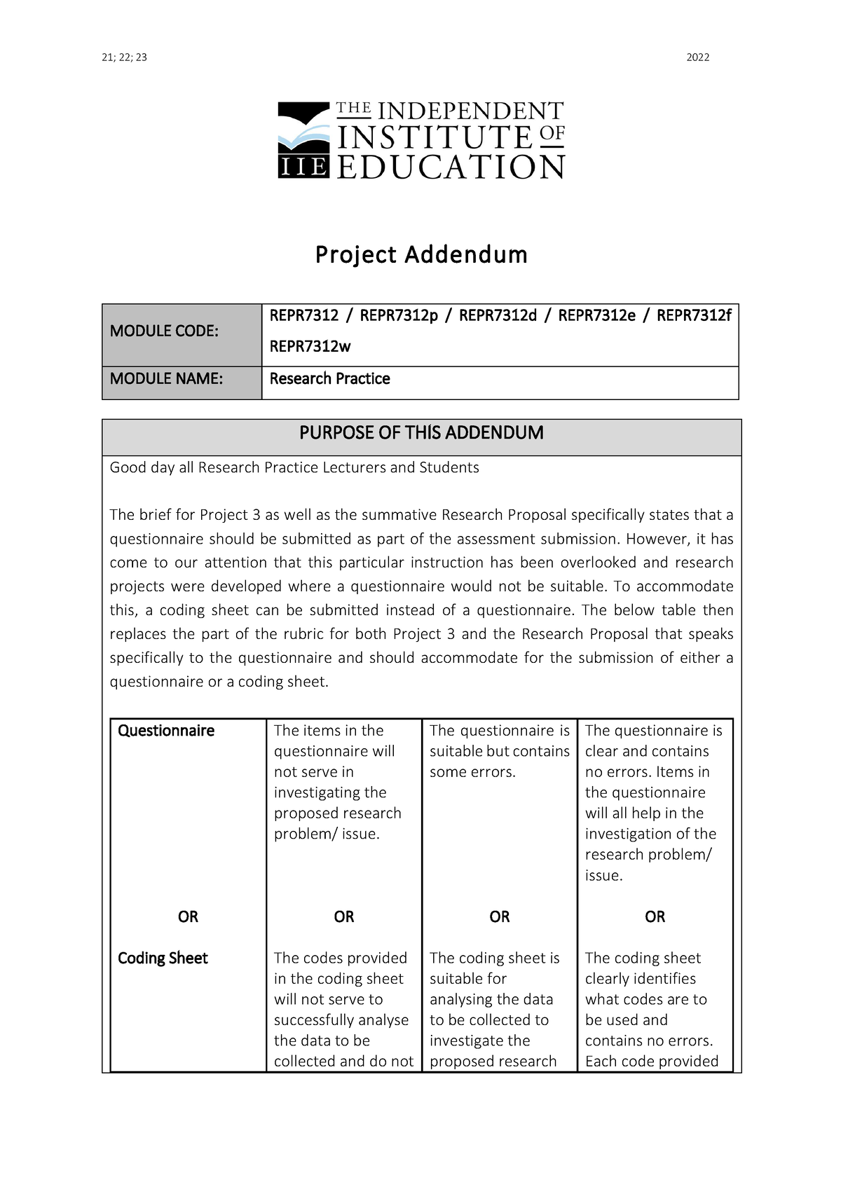 REPR7312 A Addendum - 21; 22; 23 2022 Project Addendum MODULE CODE ...