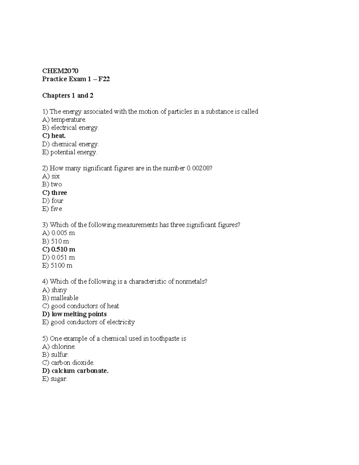 2070 practice exam 1 fall 22 ch key - CHEM Practice Exam 1 – F Chapters ...
