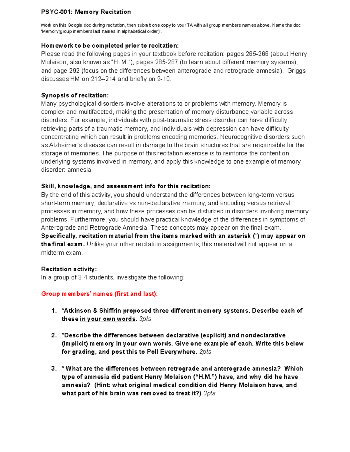Rec09 Memory - Recitation 7 Assignment - PSYC-001: Memory Recitation ...