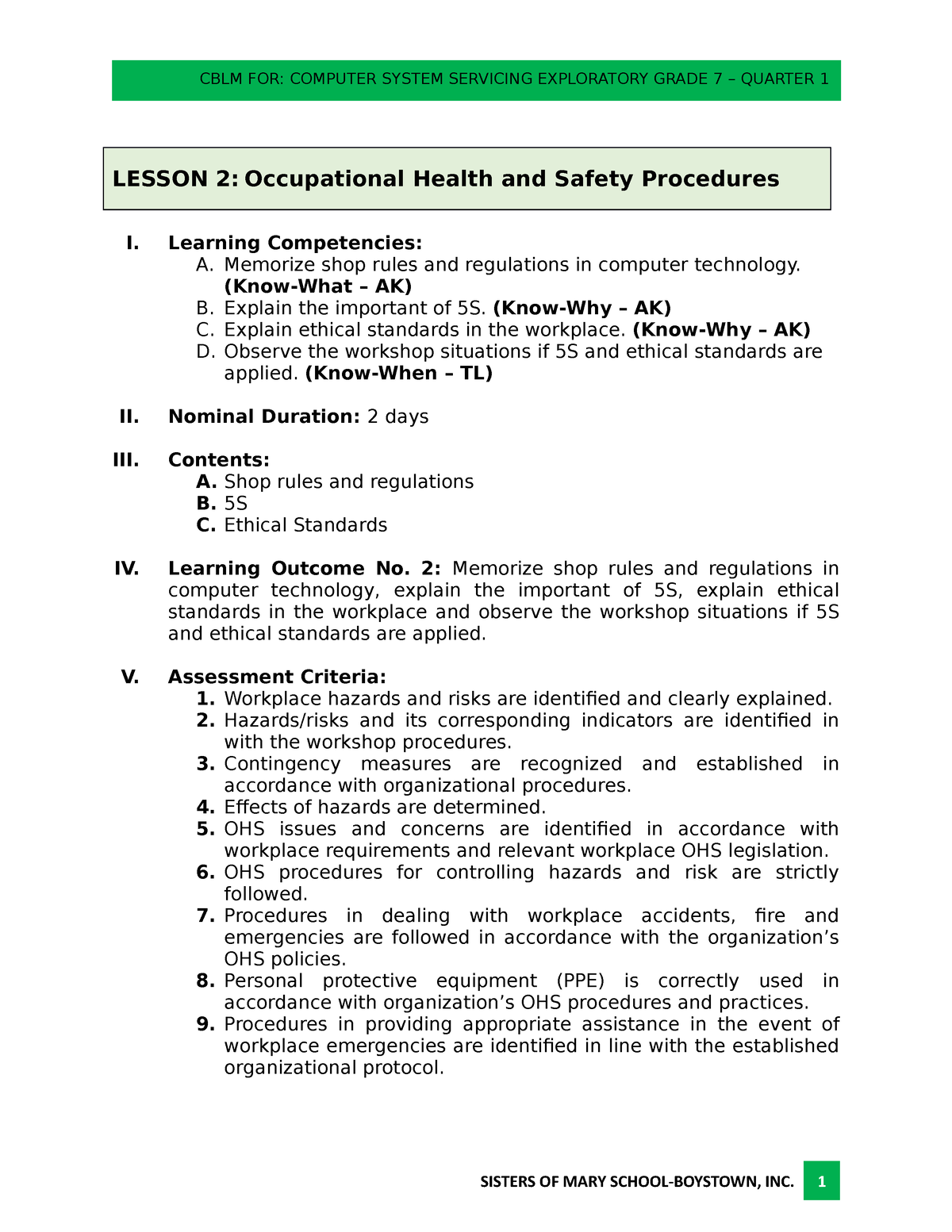 Lesson 2 OH&S Procedures LESSON 2 Occupational Health and Safety