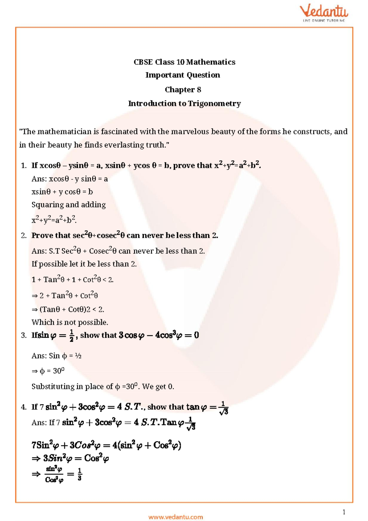 Important Questions For Cbse Class 10 Maths Chapter 8 Cbse Class 10 Mathematics Important 5562