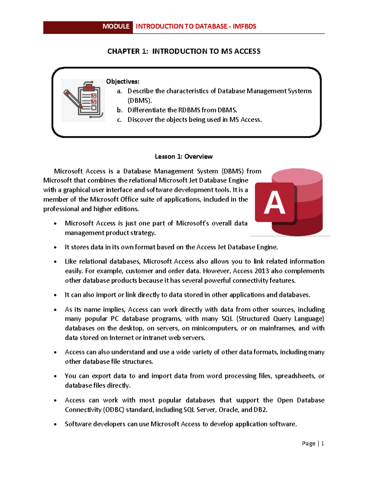 Imfbds Chapter 1 For The Student - CHAPTER 1: INTRODUCTION TO MS ACCESS ...