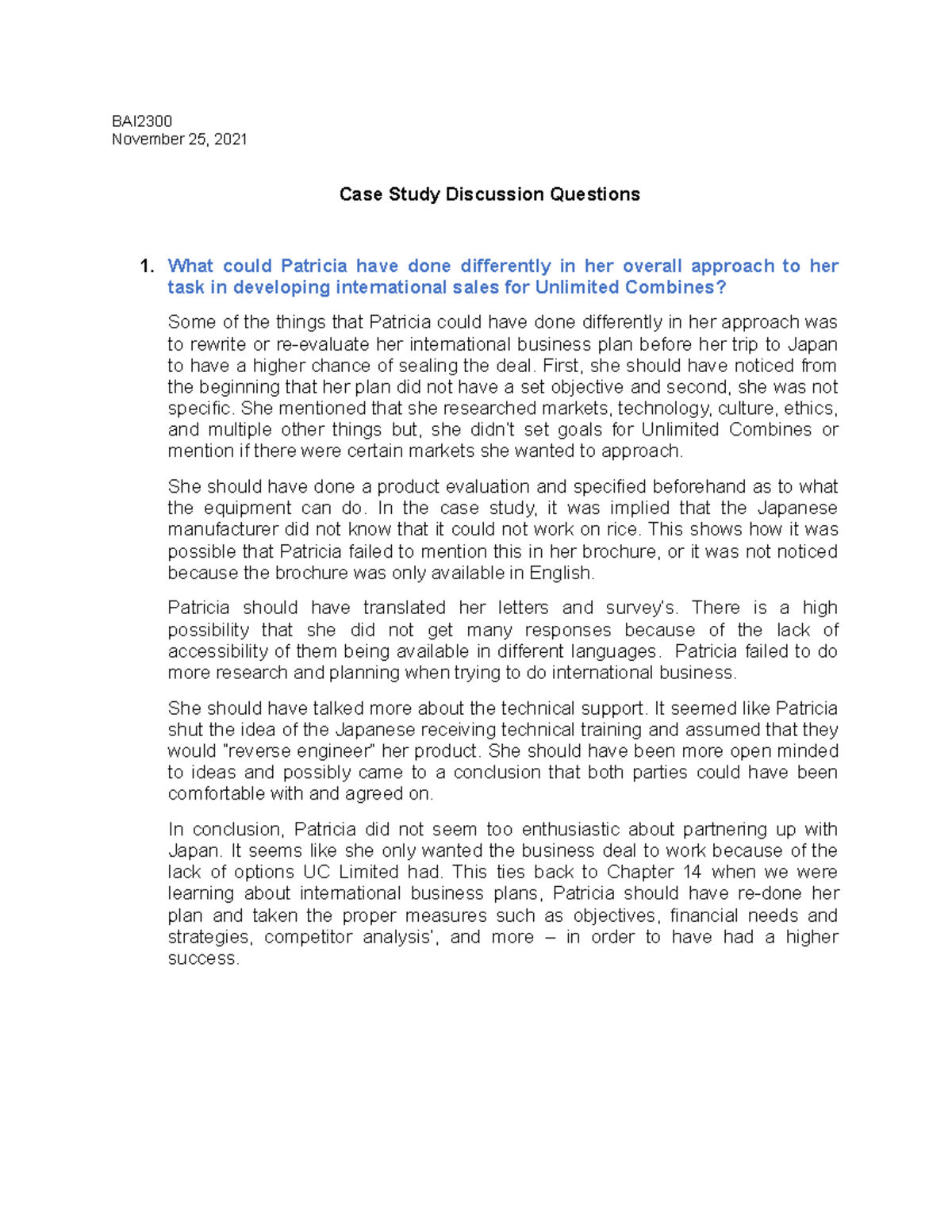 Case Study 3 Questions BAI November 25, 2021 Case Study Discussion