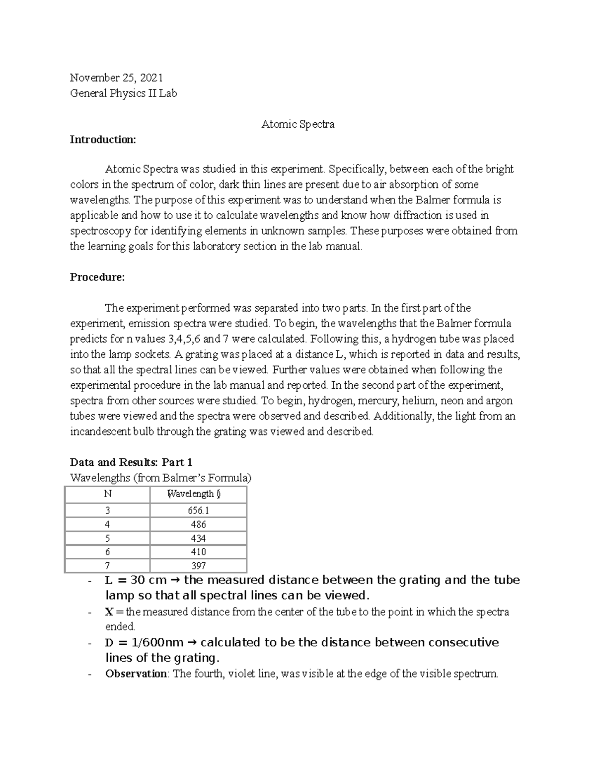 Physics lab11 Lab 11 Atomic Spectra Mr. Das November 25, 2021