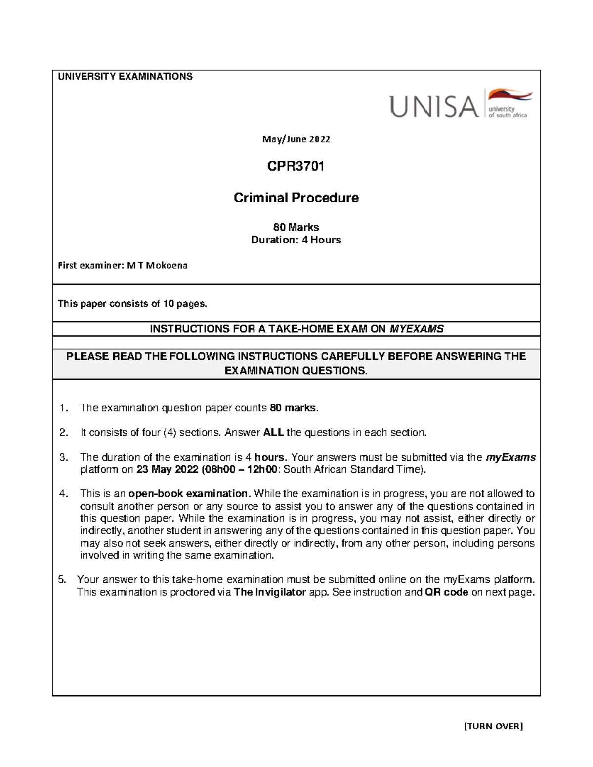 CPR3701 May Past exam question paper. UNIVERSITY EXAMINATIONS May