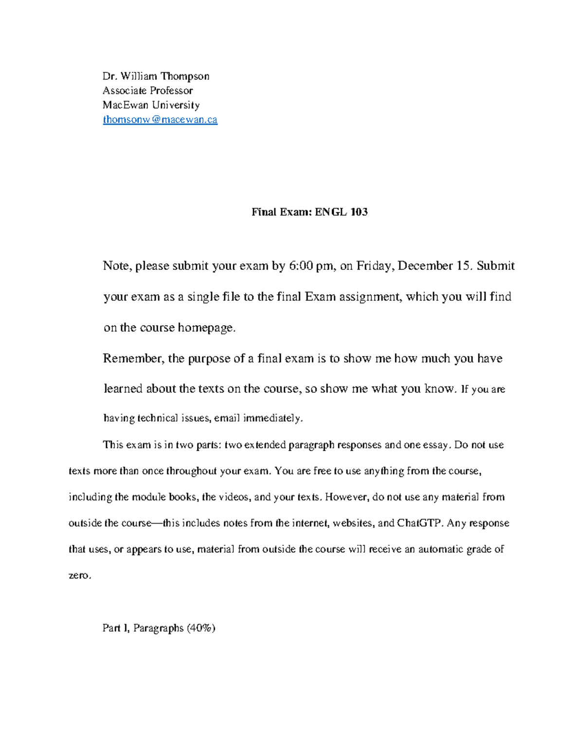 Final Exam 103Fa2023 ENGL exam review Dr. William Thompson