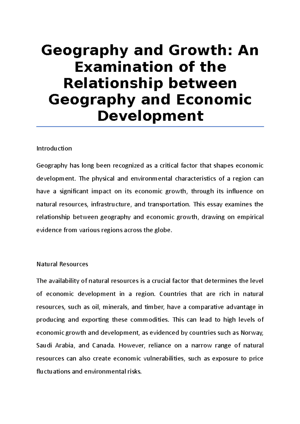 Geography and Growth, An Examination of the Relationship between