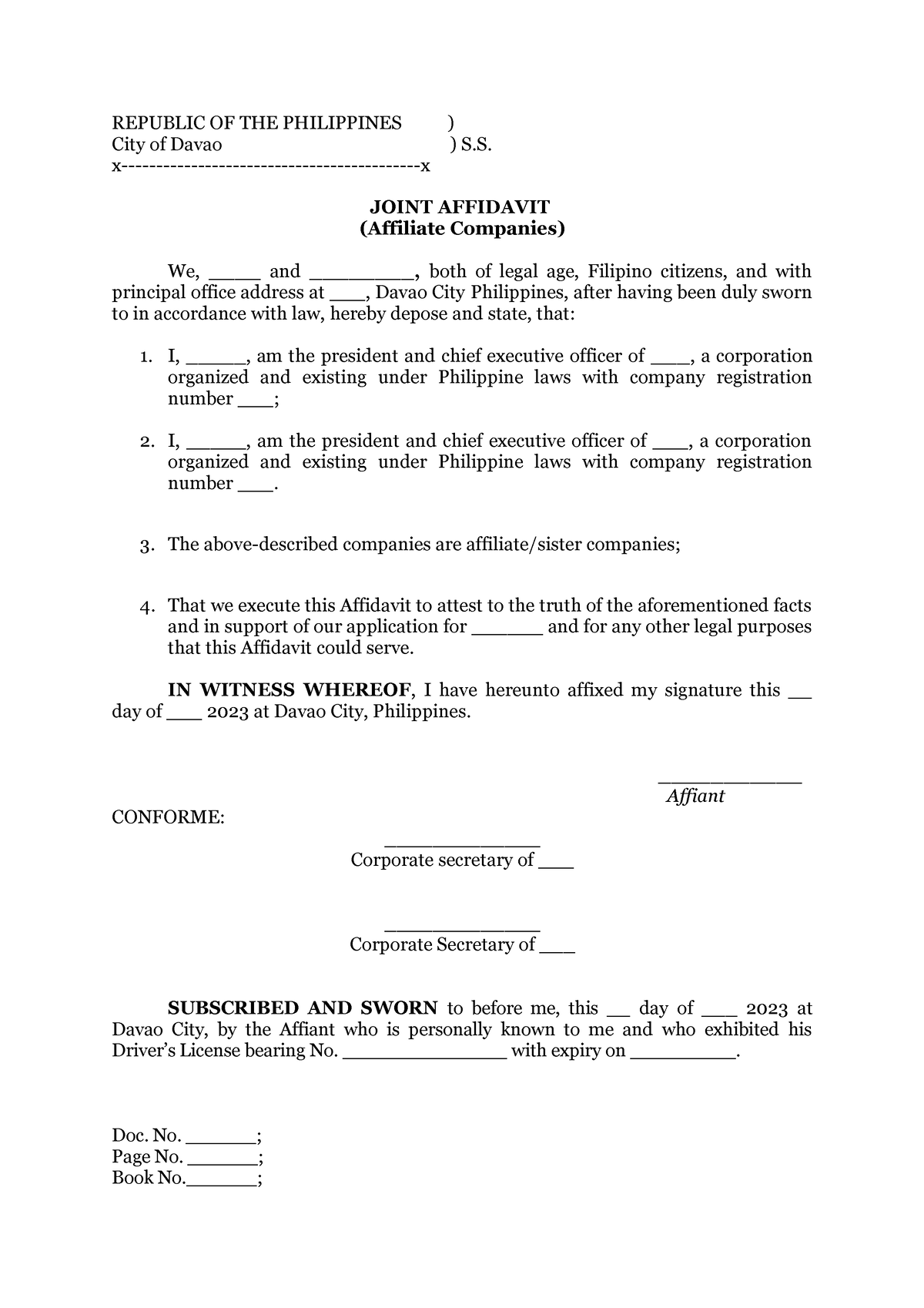 Affidavit affiliate sister companies - REPUBLIC OF THE PHILIPPINES ...