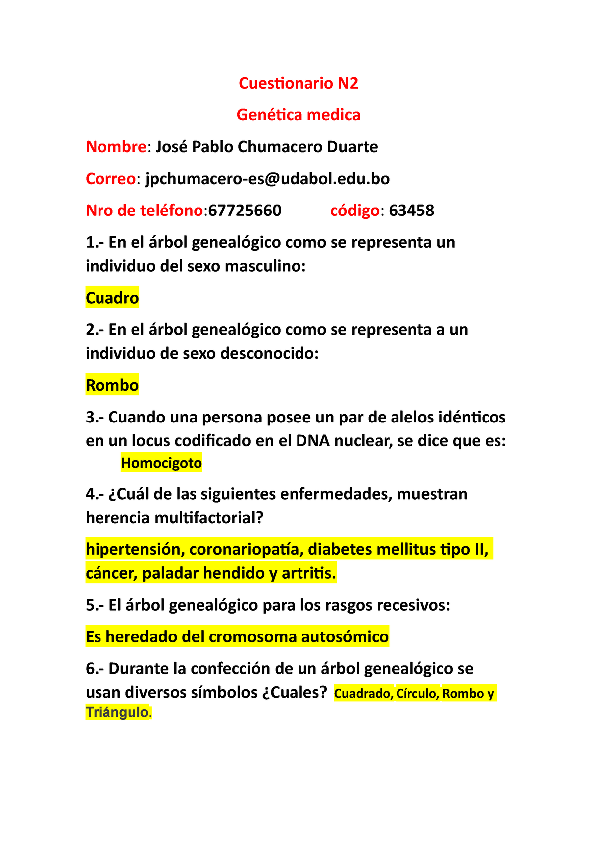 Cuestionario N2 Genetica I-21 - Cuestionario N Genética Medica Nombre ...