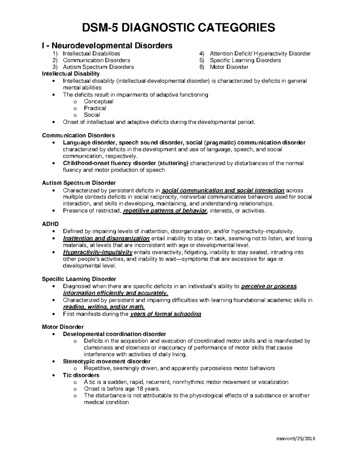 DSM 5 Diagnostic Categories - DSM-5 DIAGNOSTIC CATEGORIES I ...