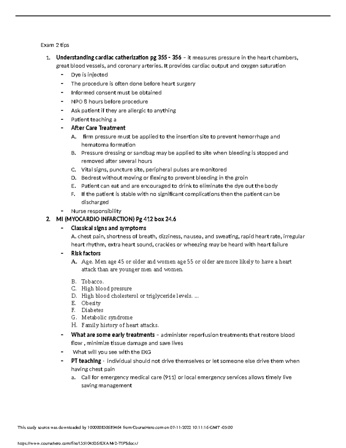 EXAM 2 TIPS - med surge - Exam 2 tips 1. Understanding cardiac ...