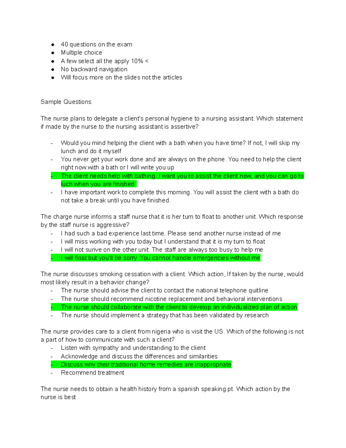 Communication Review Questions 40 questions on the exam Multiple