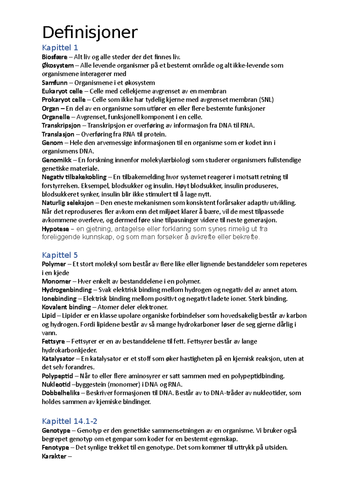 Definisjoner, deleksamen 1 - Definisjoner Kapittel 1 Alt liv og alle ...