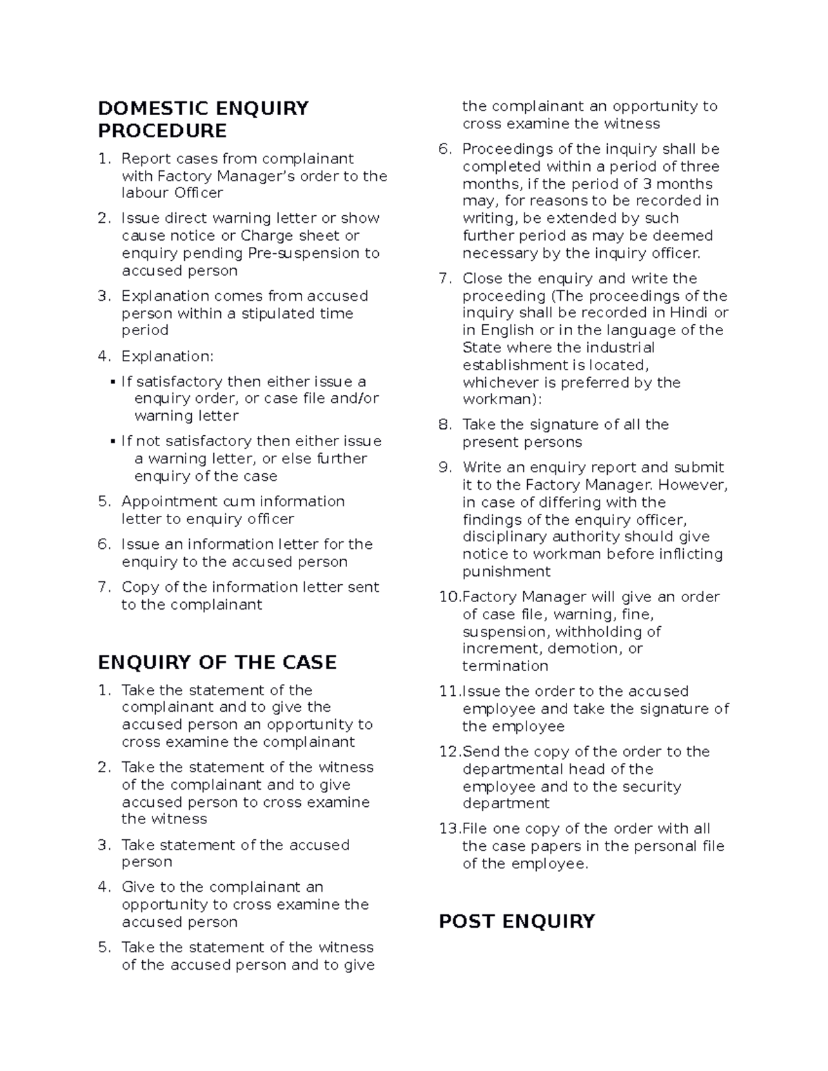 1-SO-Domestic Enquiry - DOMESTIC ENQUIRY PROCEDURE 1. Report cases from ...
