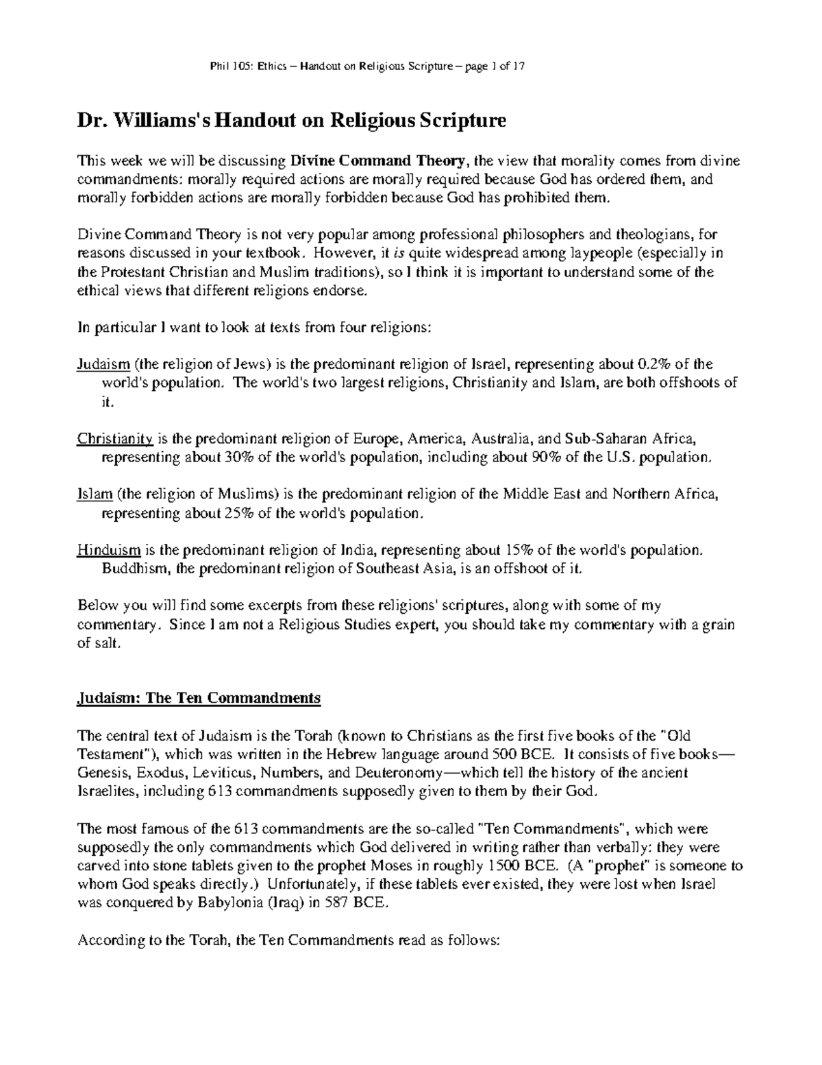 Handout on Scripture - Reading Assignment - Dr. Williams's Handout on ...