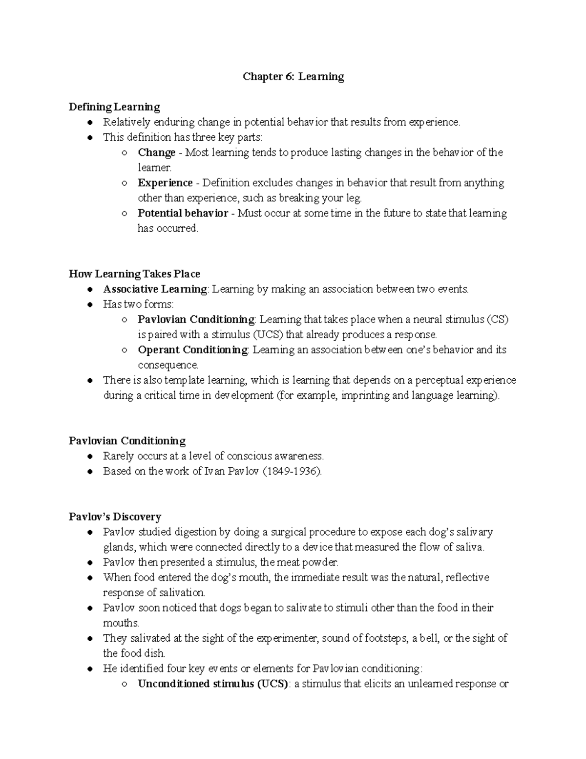 Learning - Chapter 6: Learning Defining Learning Relatively enduring ...