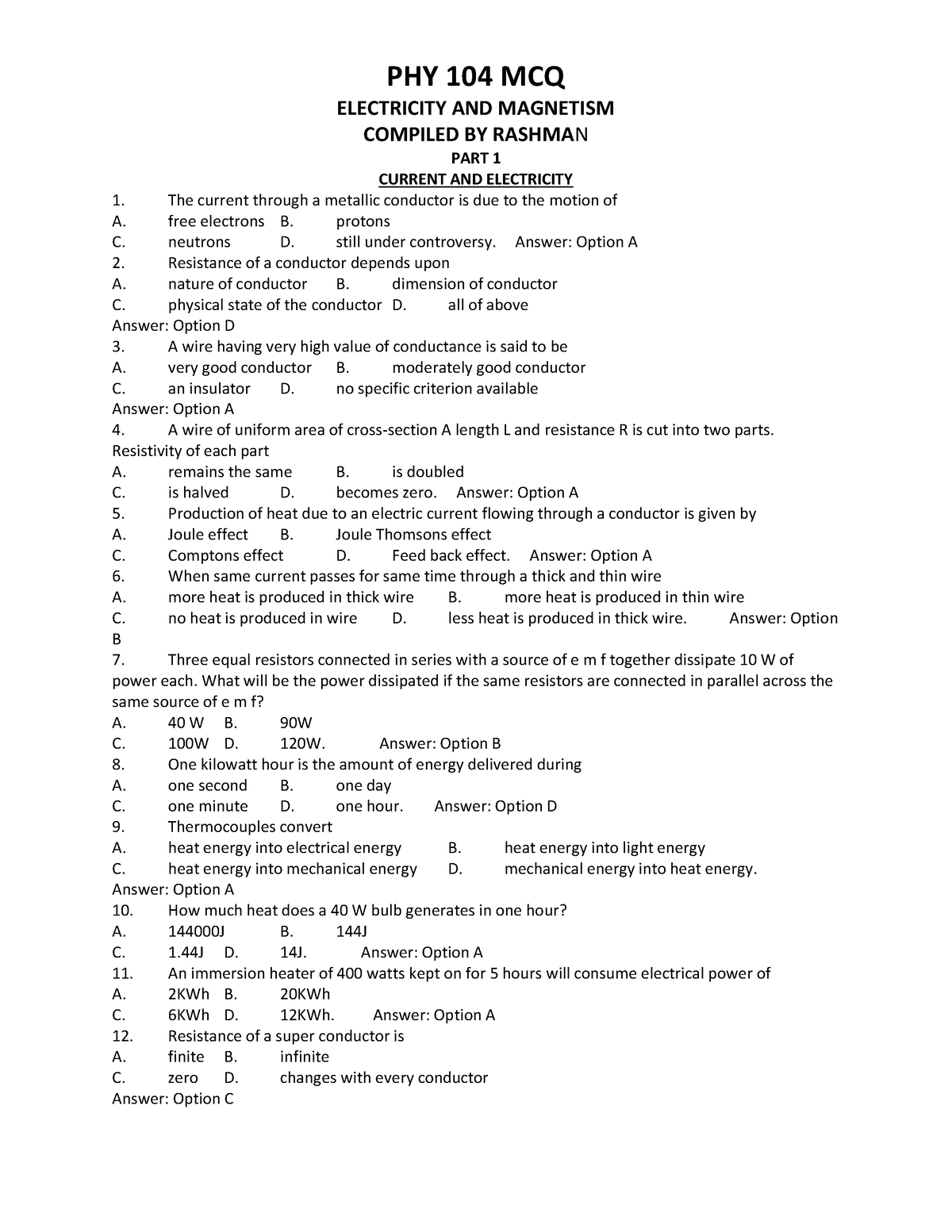 PHY 104 MCQ Compiled BY Rashman - ELECTRICITY AND MAGNETISM COMPILED BY ...