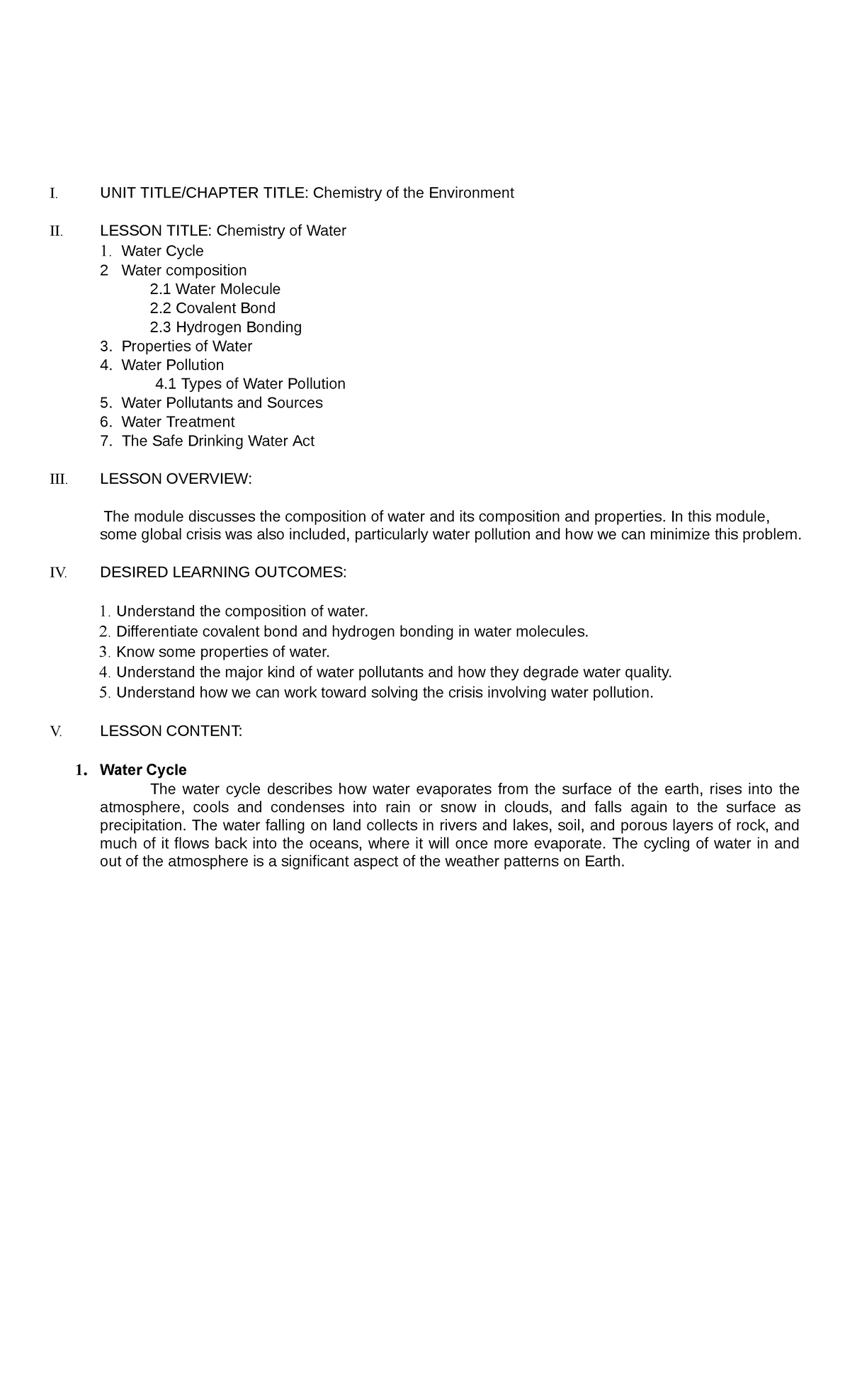 Chemistryfor Engineers-Module 6-Week11 - I. UNIT TITLE/CHAPTER TITLE ...