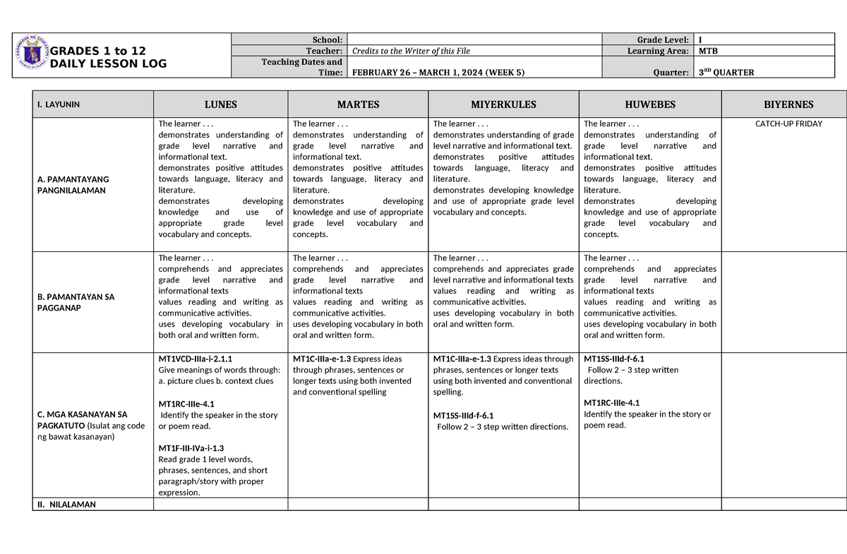 DLL MTB 1 Q3 W5 - DLL - GRADES 1 to 12 DAILY LESSON LOG School: Grade ...