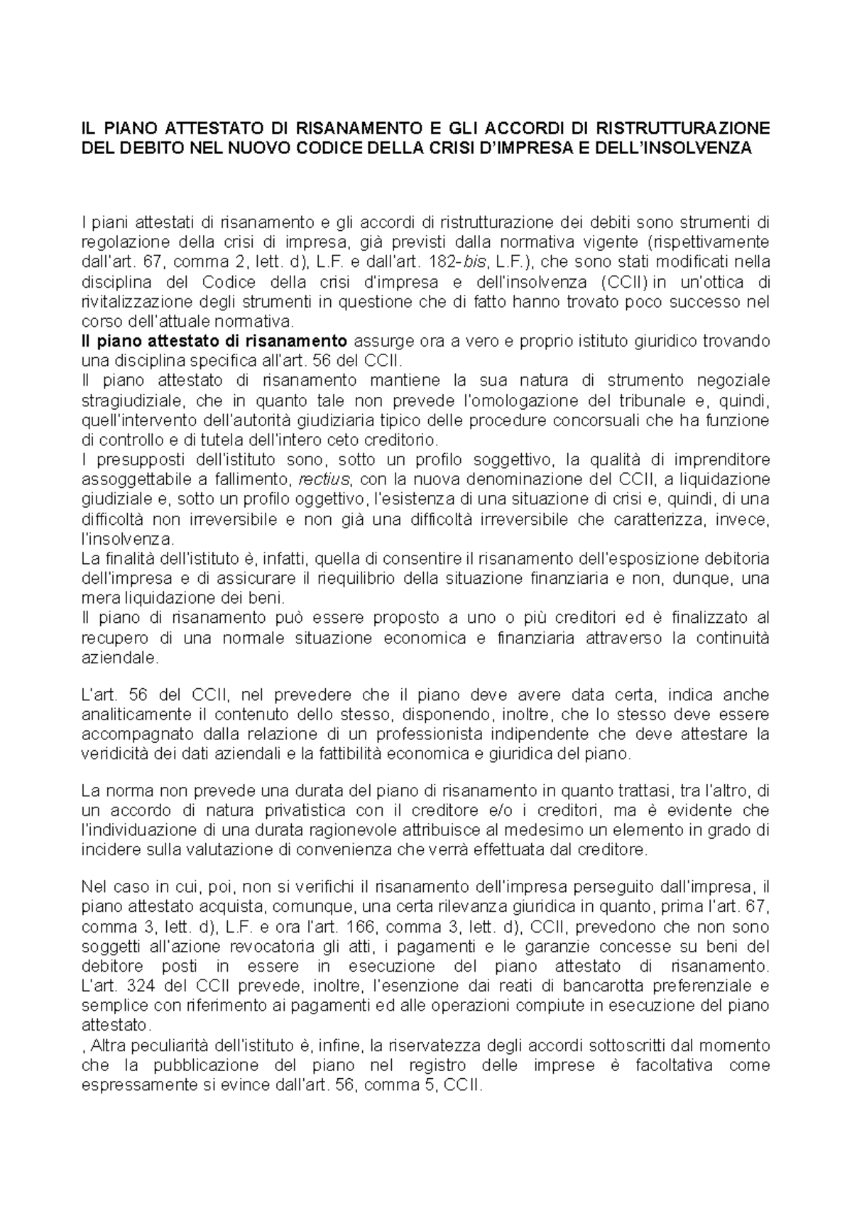 IL Piano Attestato DI Risanamento E GLI Accordi DI Ristrutturazione DEL