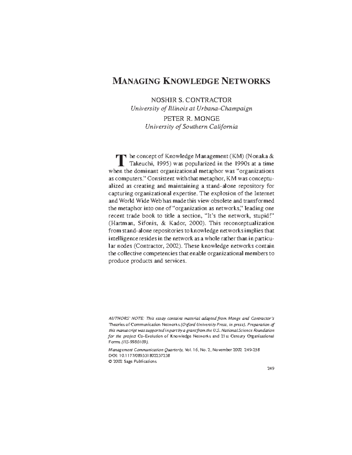 Contractor 2002 Knowledge networks 10/089331802237238MANAGEMENT