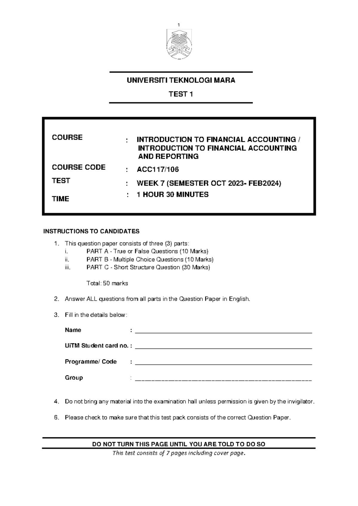 Acc117 - UNIVERSITI TEKNOLOGI MARA TEST 1 COURSE : INTRODUCTION TO ...