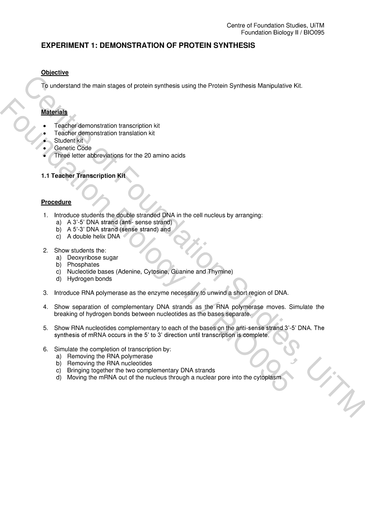 BIO095 Experiment 1 Protein Synthesis Manual - Centre Of Foundation ...