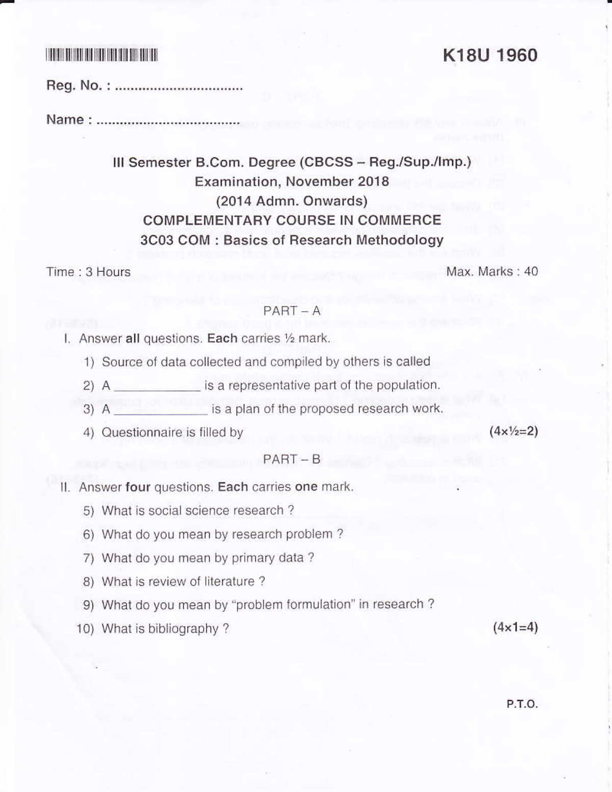 KU B - Question Paper - I T T Ffil[ K18U 1960 Reg. No. : Name : Lll ...