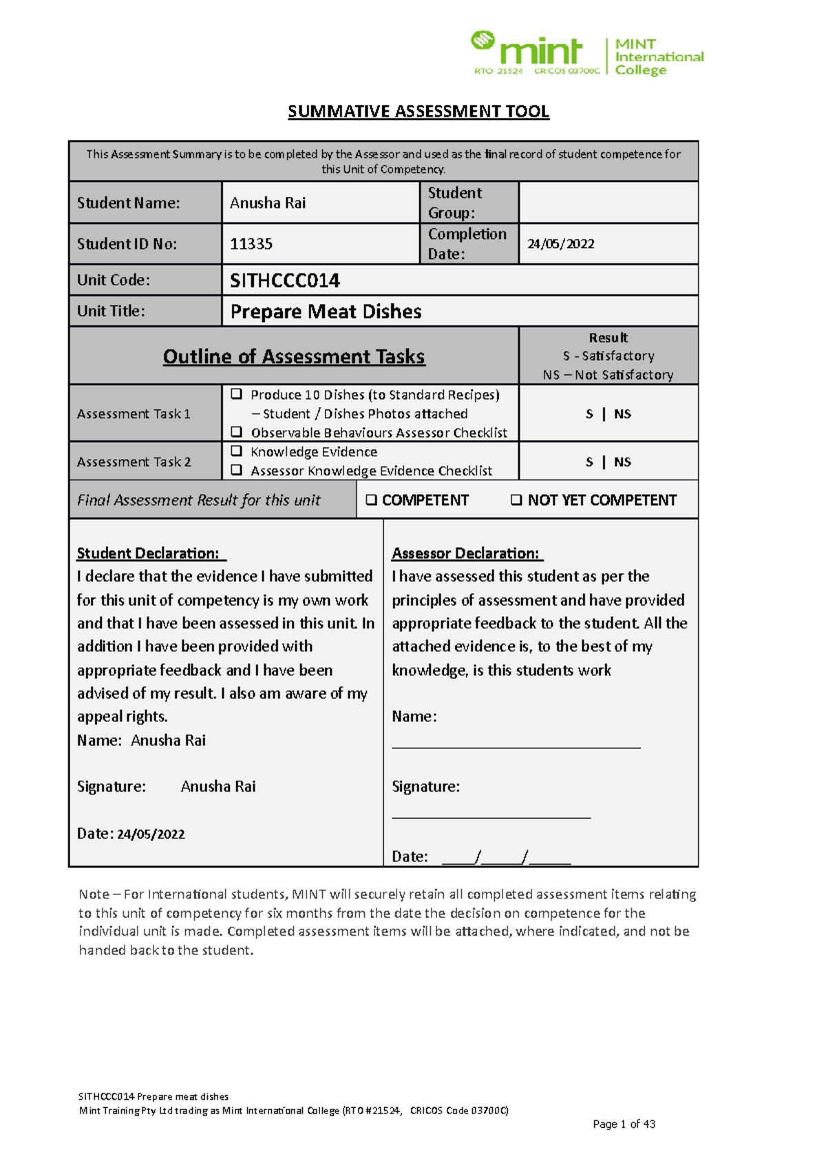 Sithccc 0014 Summative Assessment Tool Prepare Meat Dishes SUMMATIVE ASSESSMENT TOOL This