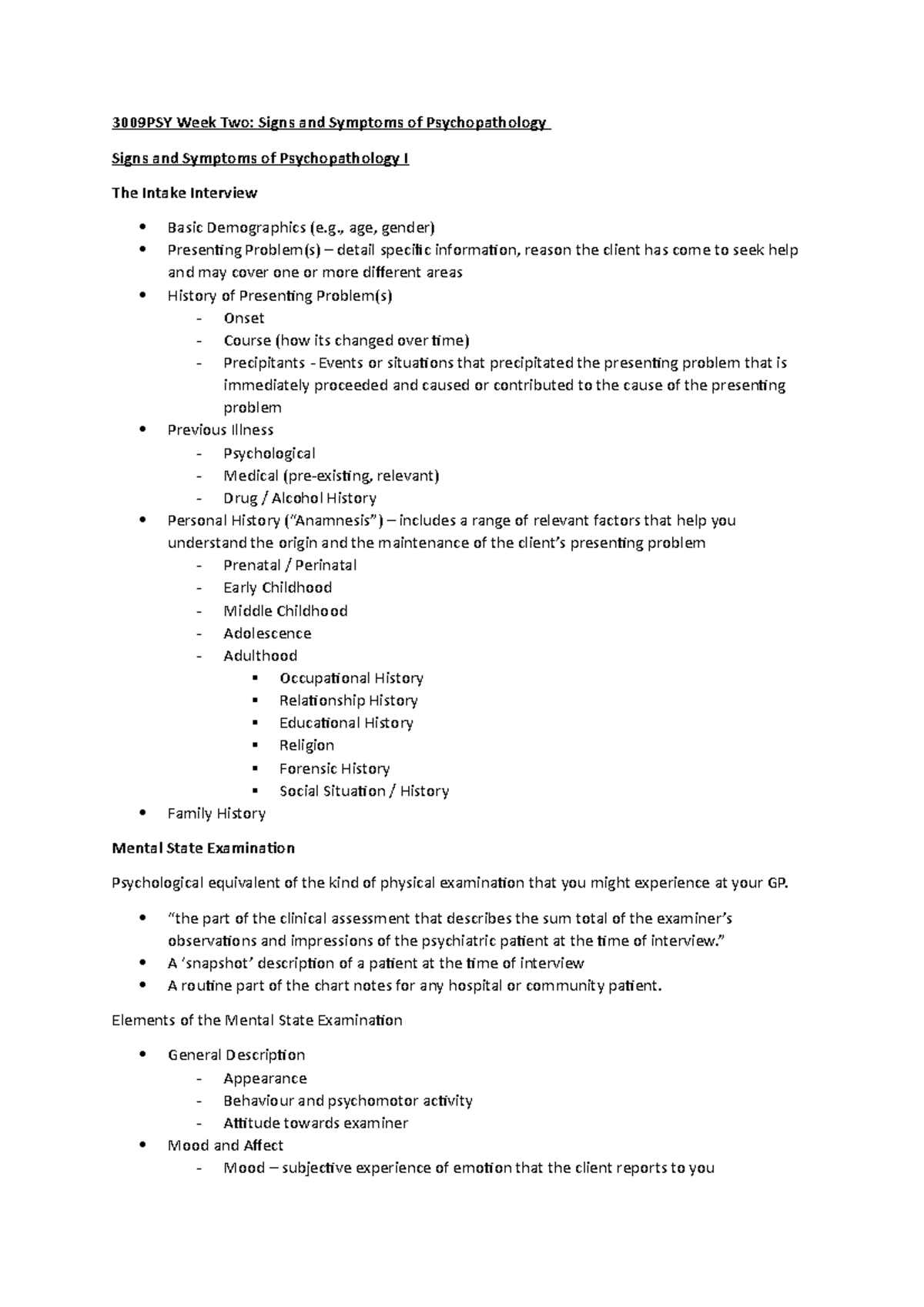 3009PSY Week Two - Lecture notes - 3009PSY Week Two: Signs and Symptoms ...