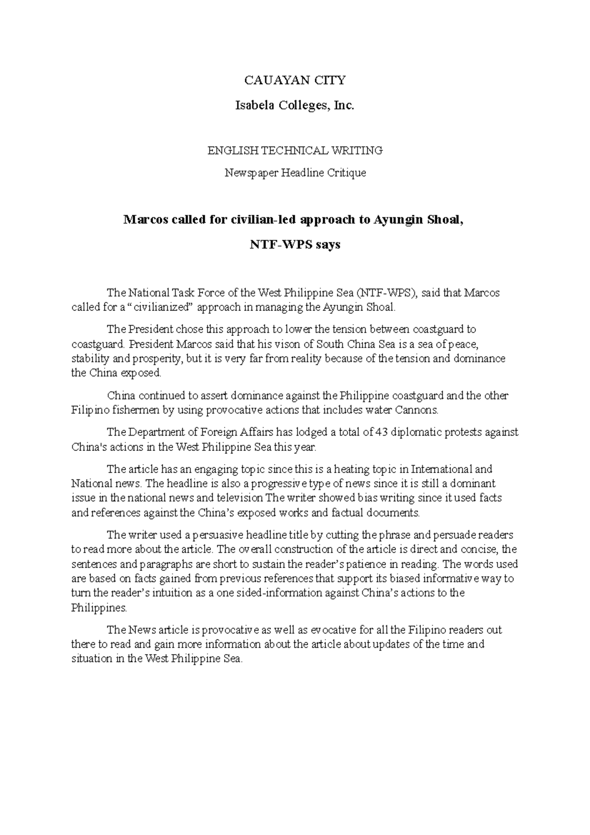 News Critique - CAUAYAN CITY Isabela Colleges, Inc. ENGLISH TECHNICAL ...