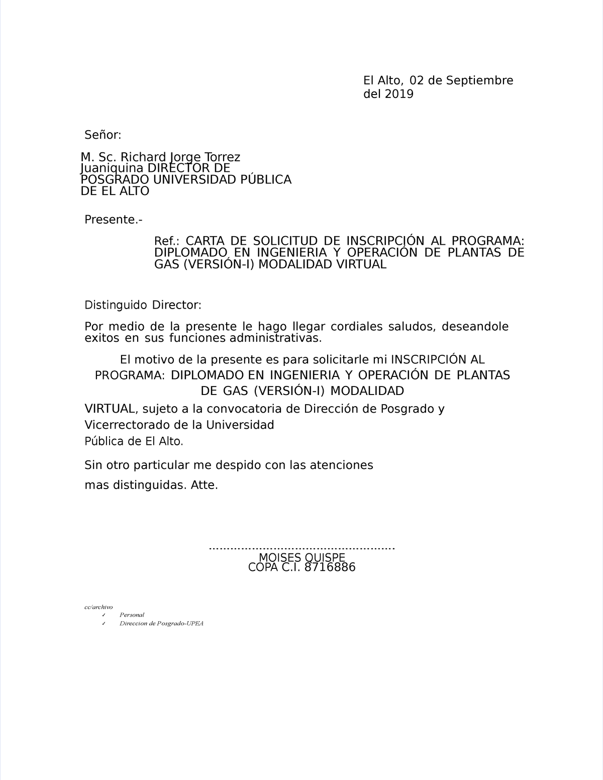 Pdf Carta De Solicitud De Inscripcion El Alto 02 De Septiembre Del 2019 Señor M Sc Richard 8413