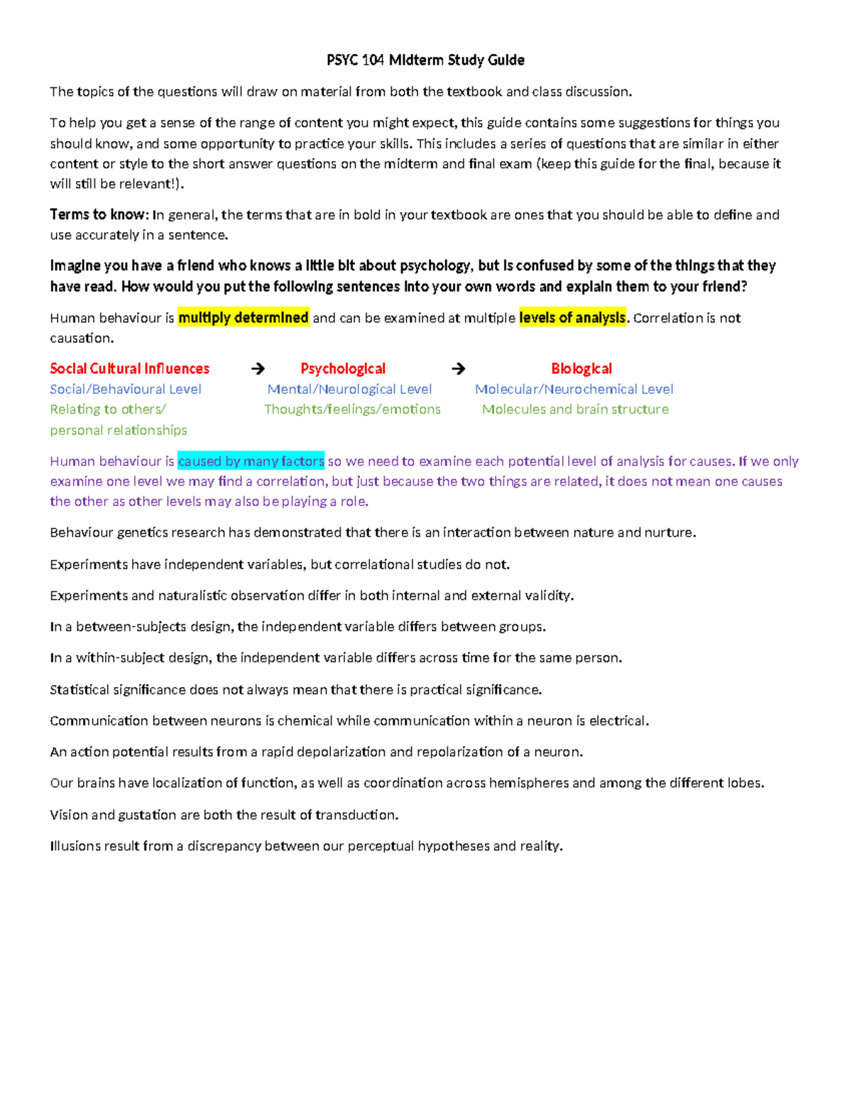 Midterm Study Guide - ... - PSYC 104 Midterm Study Guide The topics of ...