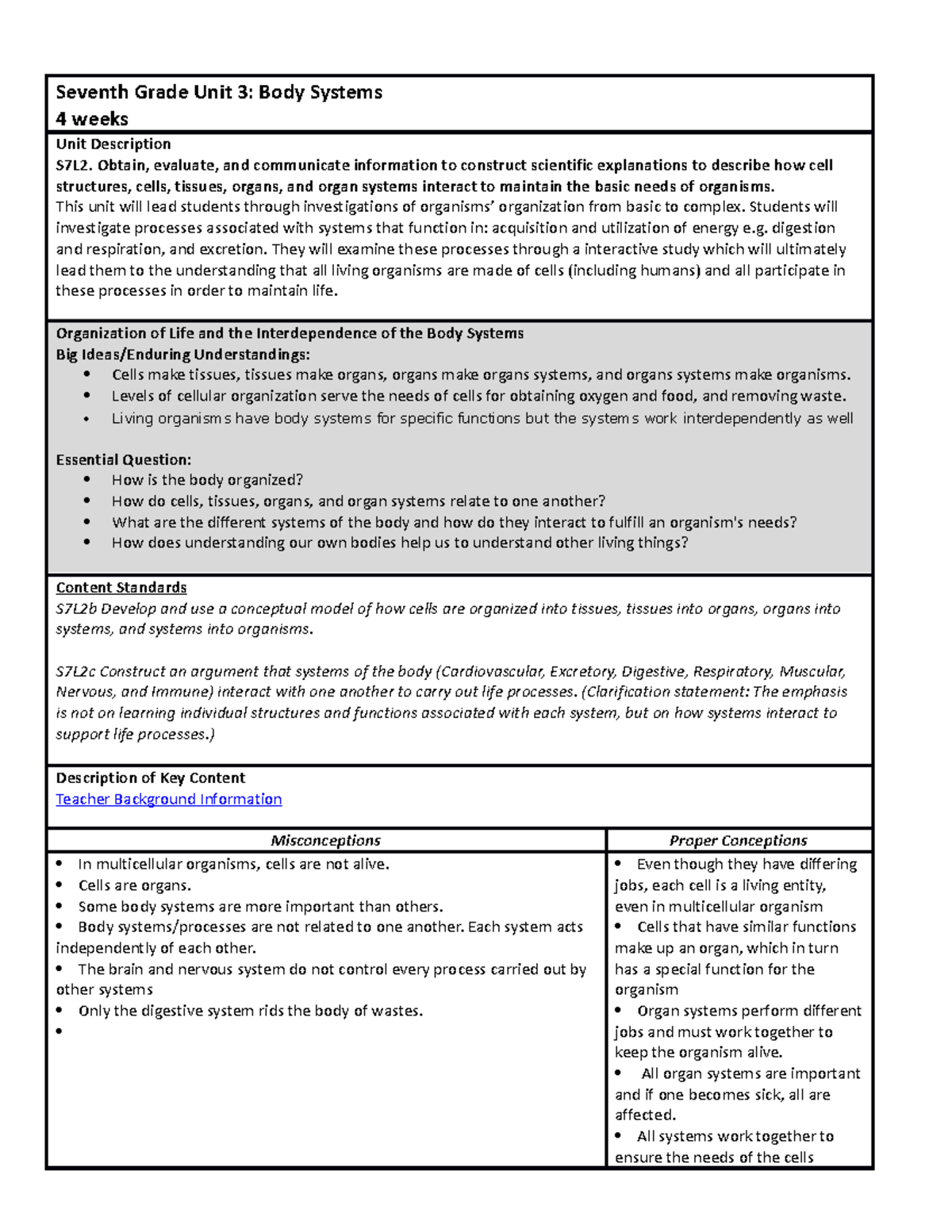 1. body systems unit plan Seventh Grade Unit 3 Body Systems 4 weeks